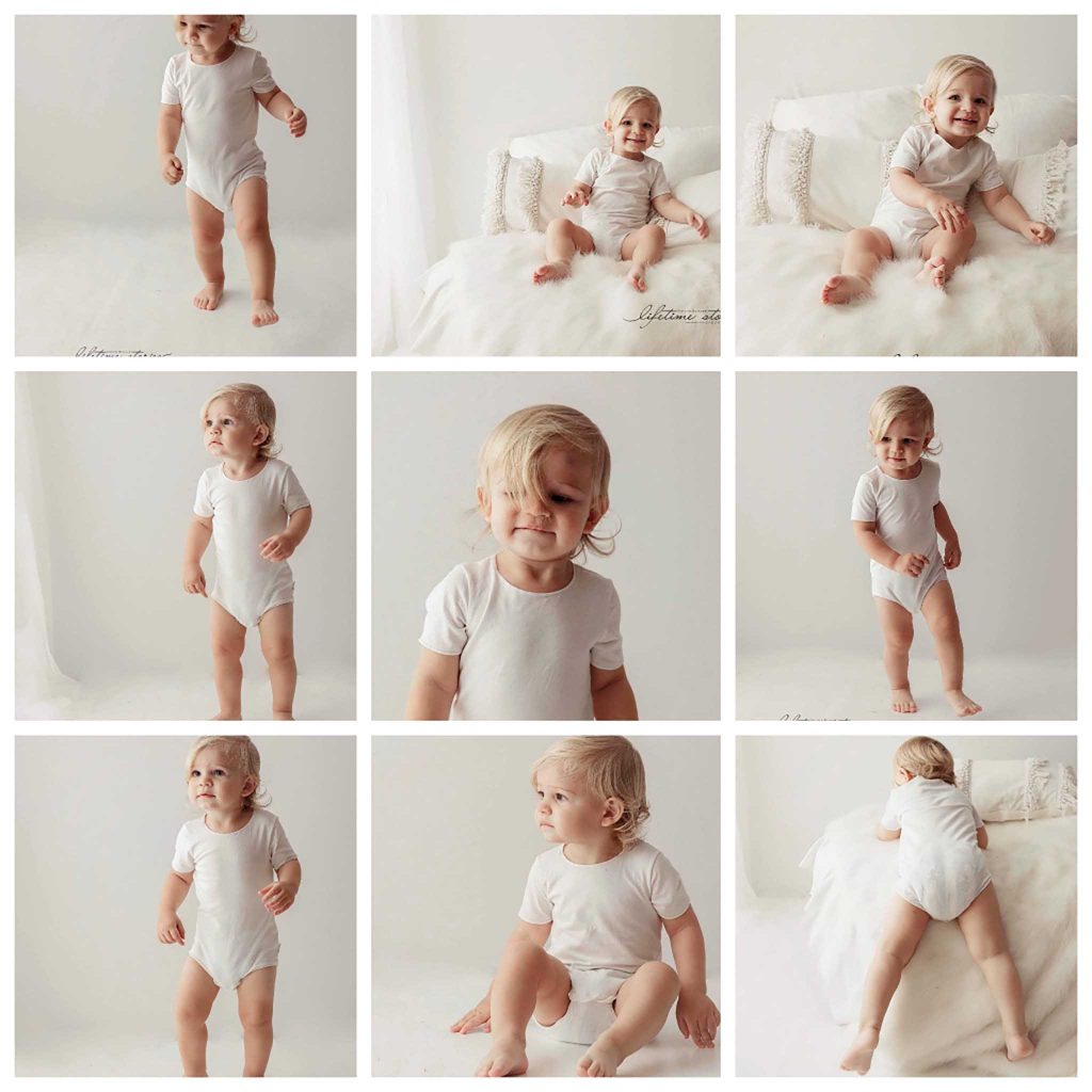 a photo collage with a baby boy dressed in white photographed by South Brisbane photographer Victoria Burcusel